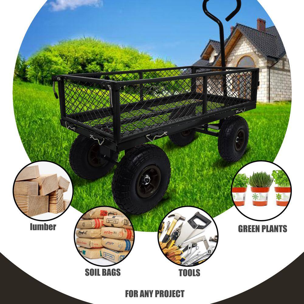 3 cu. ft. Removable Sides Steel Mesh Garden Cart with Pneumatic Wheels, 300 lbs. Capacity, Black - Hercitys