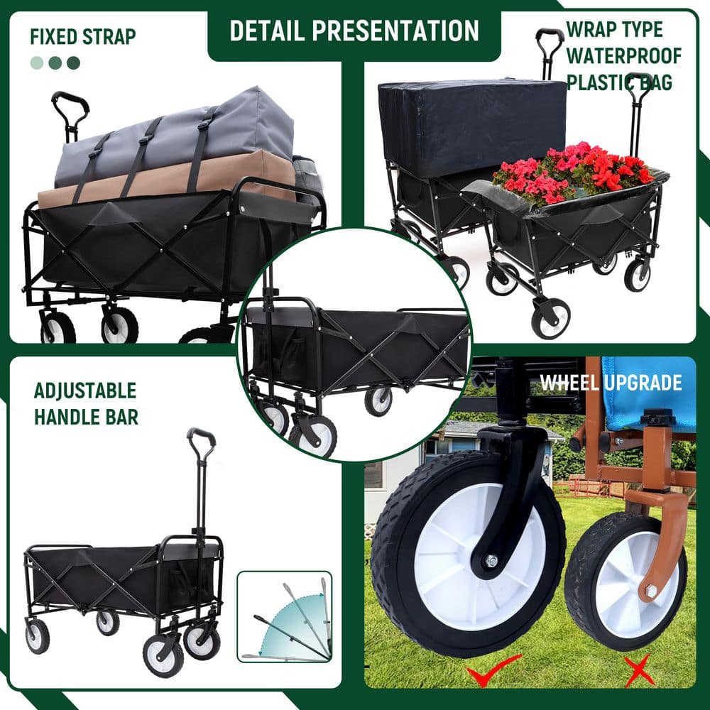 17 cu. ft. 360 lbs. Capacity Fabric Steel Frame Collapsible Folding Garden Cart Wagon with 3 Plastic Liner Bags, Black - Hercitys