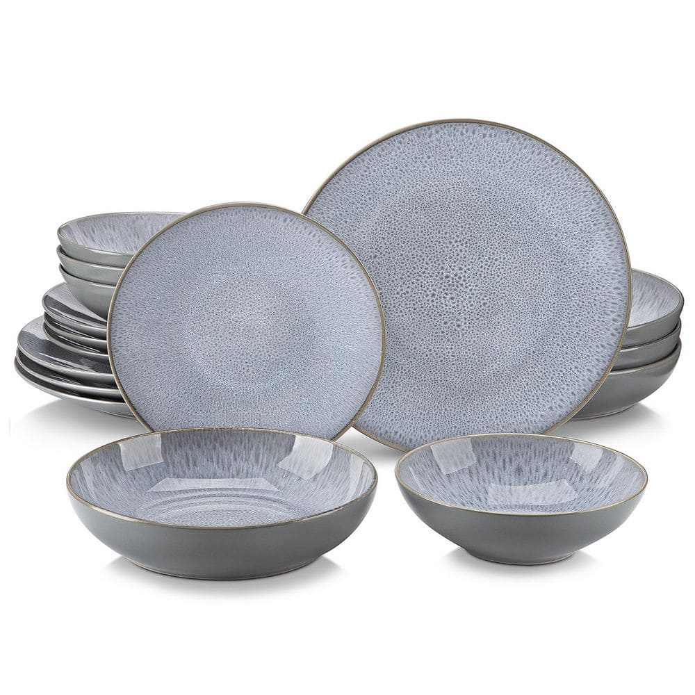 16-Piece Gray Stoneware Dinnerware Set Service for 4 Reactive Glaze Tableware Bowls and Plates Dining Set - Hercitys