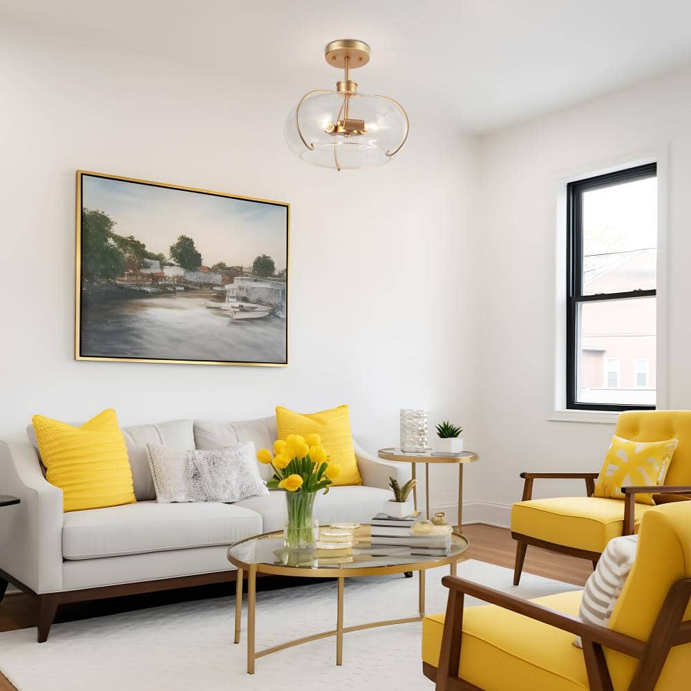 12 in. 3-Light Dark Gold Semi-Flush Mount Light with Globe Clear Glass Shade, Modern Ceiling Light for Dining Room - Hercitys