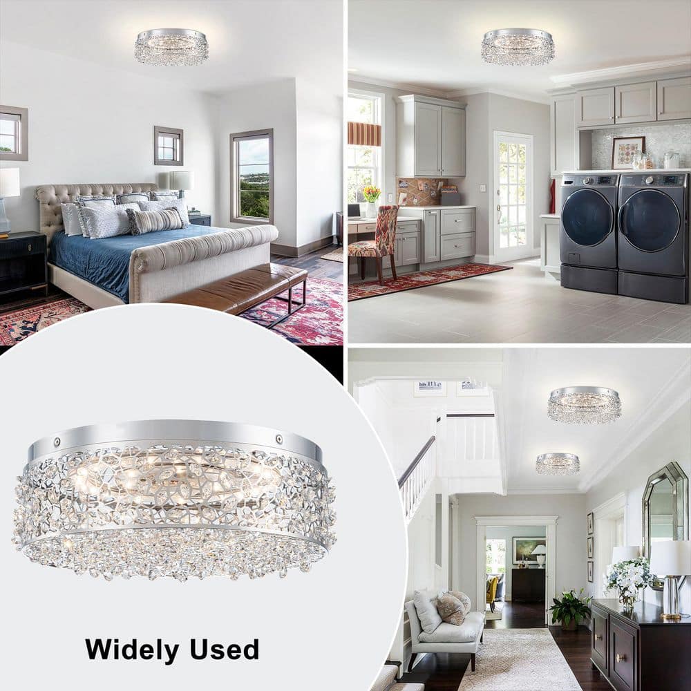 14.17 in. 20-Watt Modern Chrome Metal Round Integrated LED Flush Mount Ceiling Light with Beaded Drum Crystal Shade - Hercitys