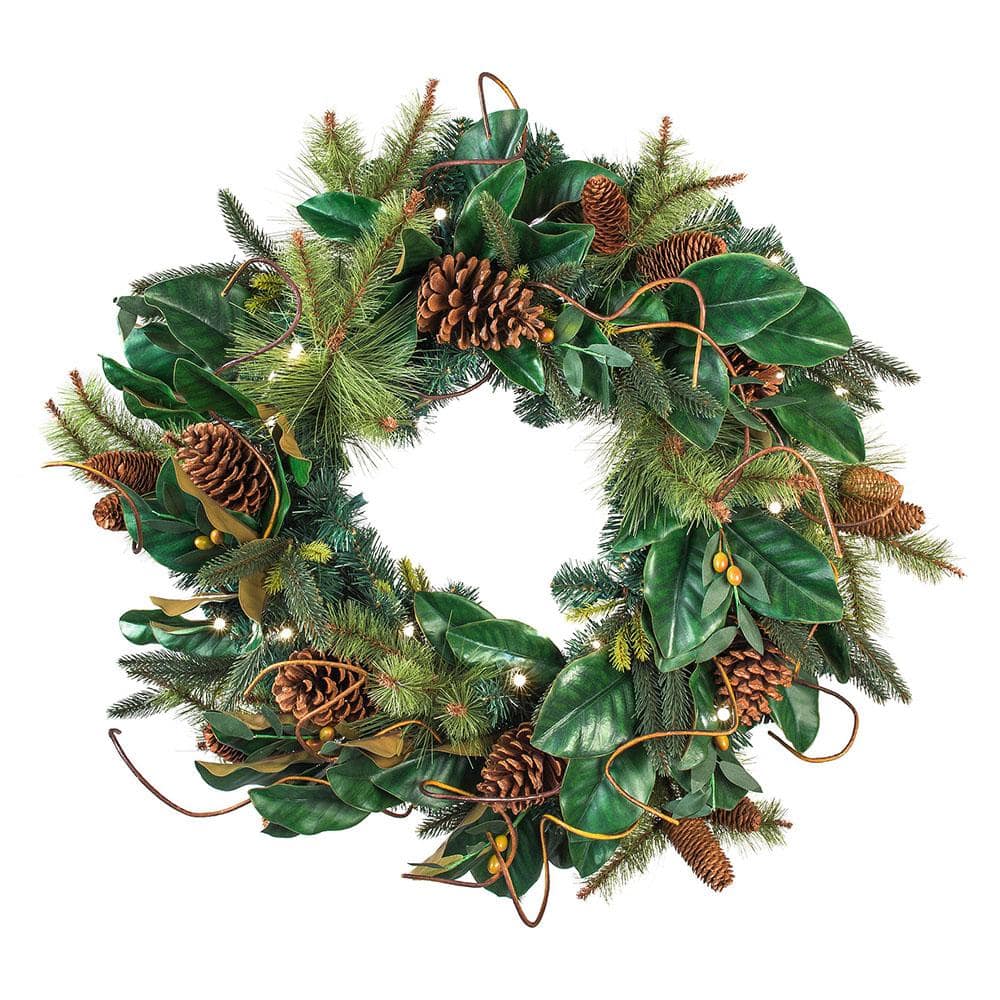 30 in. Artificial Pre-Lit LED Magnolia Leaf Wreath - Hercitys