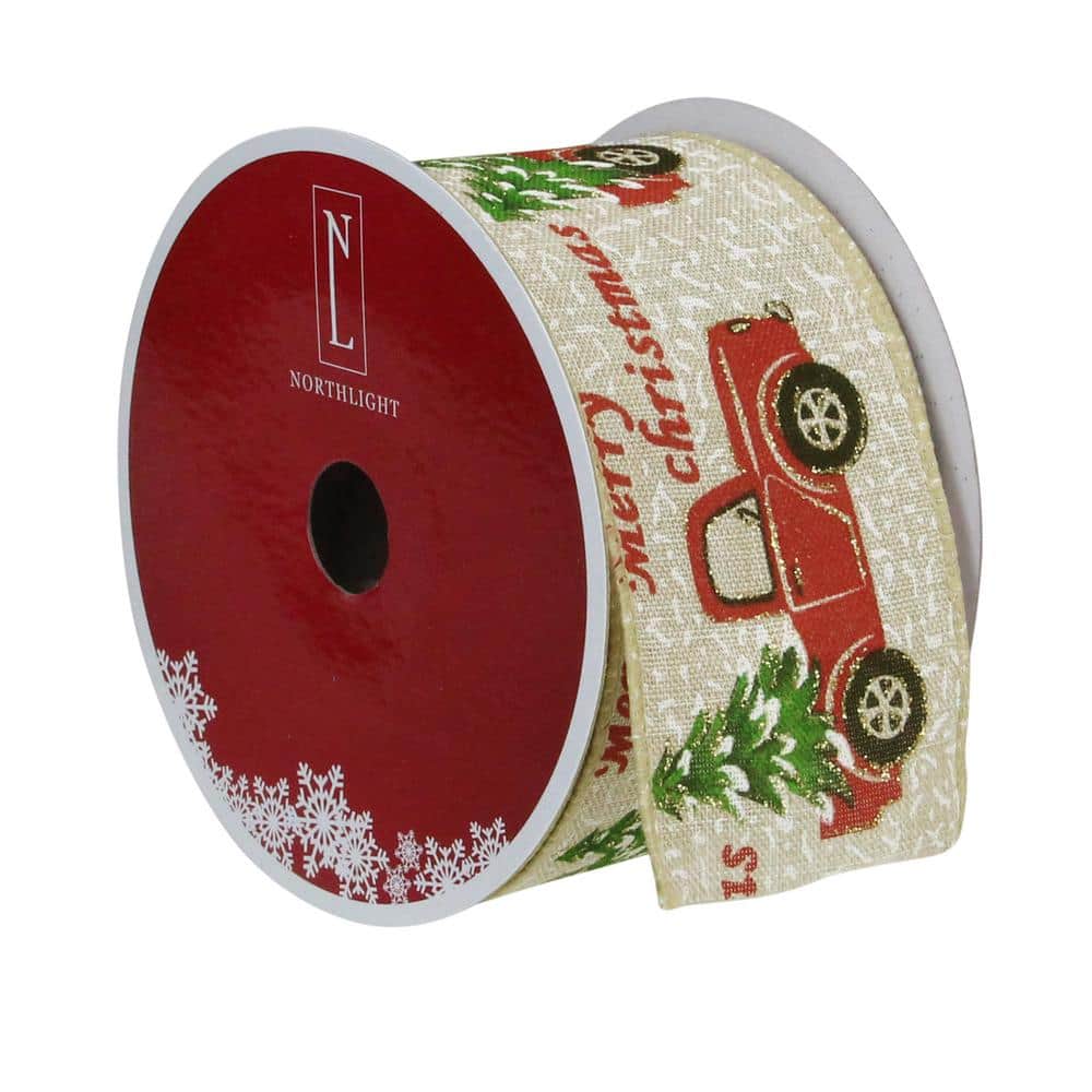 2.5 in. x 16 yds. Red Trucks and Christmas Tree Wired Craft Beige Ribbon - Hercitys