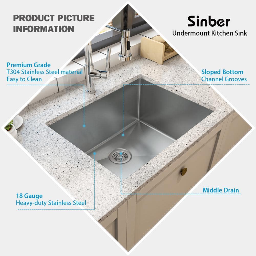23 in. Undermount Single Bowl 18-Gauge 304 Stainless Steel 12 in. Deep Kitchen Sink - Hercitys