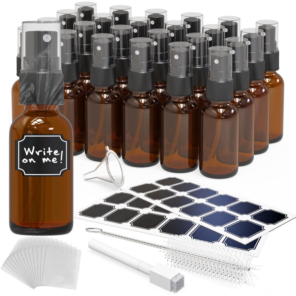 1 oz. Glass Spray Bottles with Funnel, Brush, Marker, Shrink Wrap and Labels – Amber (Pack of 24) - Hercitys