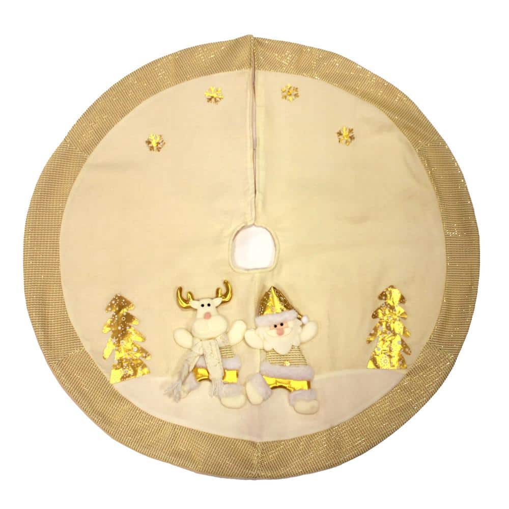 40 in White Gold Reindeer and Sant Embroidered Christmas Tree Skirt - Hercitys