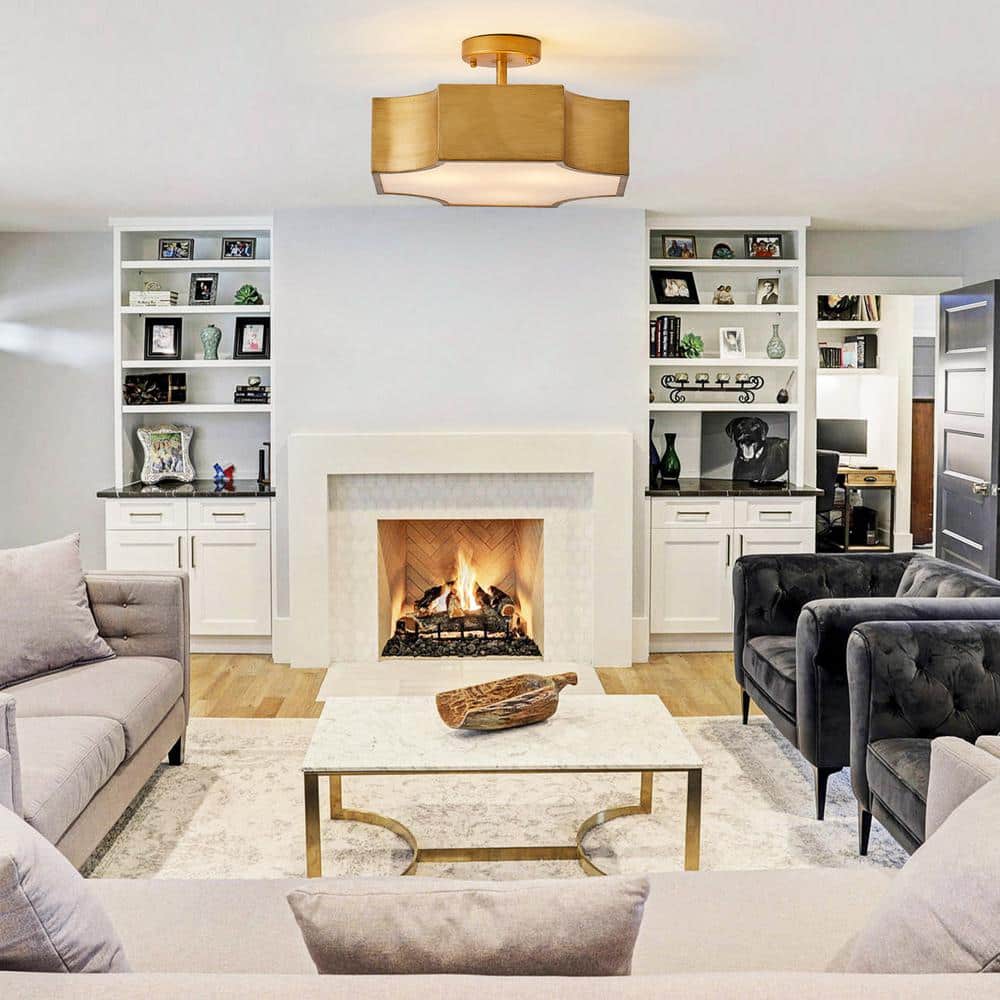 15 in. 3-Light Vintage Gold Metal Semi-Flush Mount with Shade - Hercitys