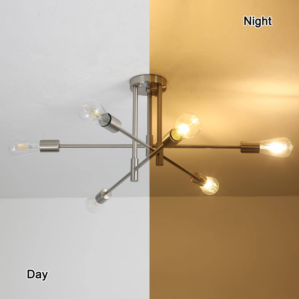 27.56 in. 6-Light Nickel Sputnik Semi- Flush Mount Ceiling Lights with 360°Rotatable Light Arm - Hercitys