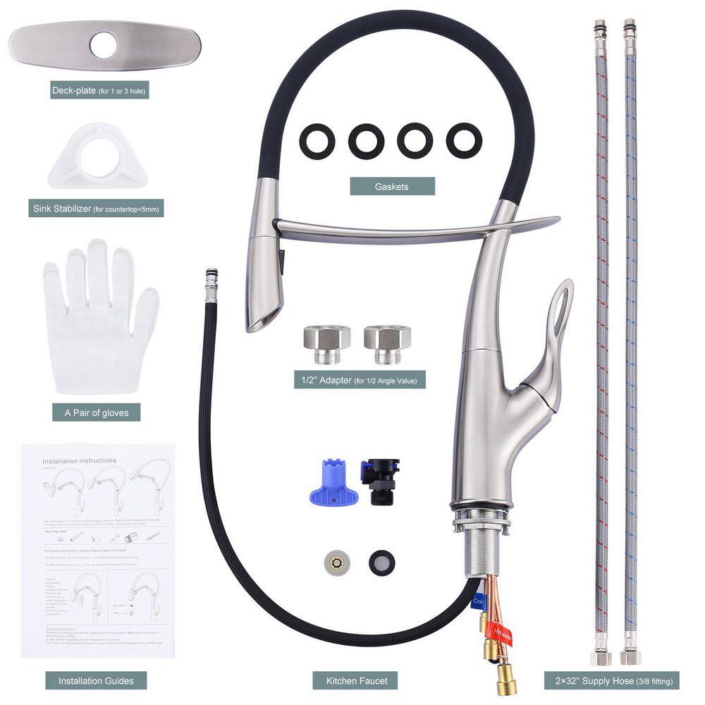 19.9 Magnetic 360 ° Spout Swivel Pull Down Sprayer Kitchen Faucet with Deckplate and Supply Line in Brushed Nickel - Hercitys