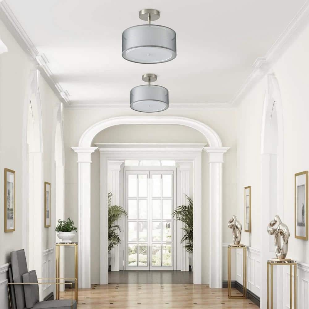 11.81 in. 3-Light Nickel Semi-Flush Mount Drum Light Modern Close to Ceiling Lamps with Double Shade - Hercitys