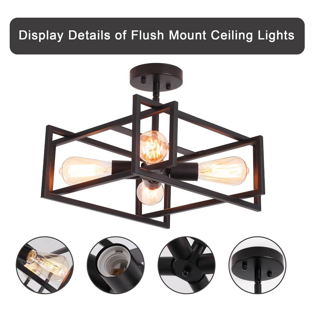 14.96 in. 4-Light Black Farmhouse Square Frame Semi-Flush Mount Ceiling Light Fixture with Metal Shade - Hercitys