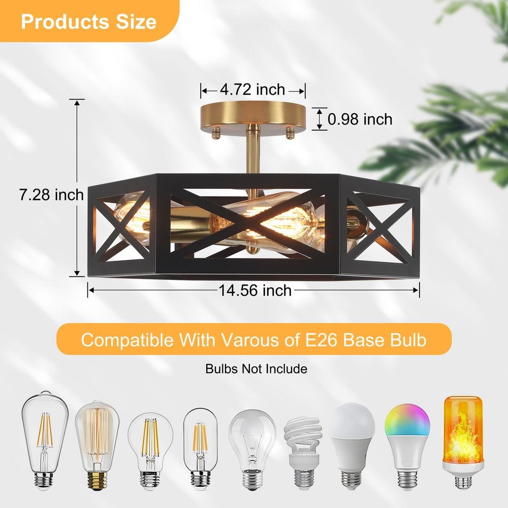 14.57 in. 3-Light Black and Gold Modern Industrial Metal Hexagonal Semi-Flush Mount Ceiling Light - Hercitys