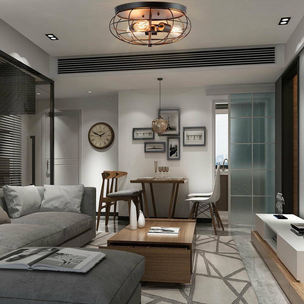 15.5 in. W 3-Light Black Semi-Flush Mount Ceiling Light with Industrial Retro Design - Hercitys