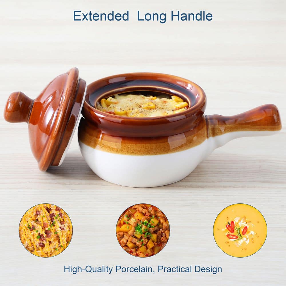 16 fl. oz. Brown and White Stoneware French Onion Soup Bowls Set of 4 Small Serving Bowls with Lid and Handle - Hercitys