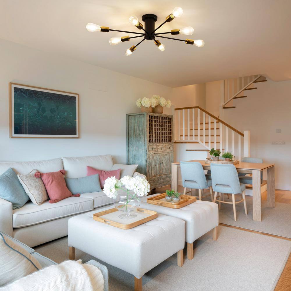 30.12 in. 8-Light Black and Gold Sputnik Transitional Flush Mount Ceiling Lights - Hercitys