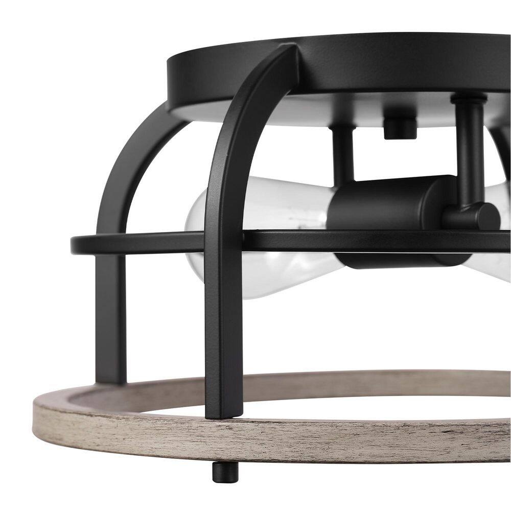 13 in. 2-Light Matte Black Flush Mount Ceiling Light with Faux Wood Accents - Hercitys