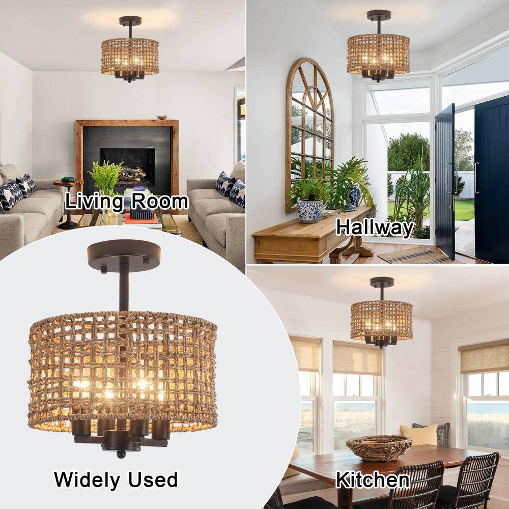11.8 in. 4-Light Black Farmhouse Drum Semi-Flush Mount Ceiling Light Fixture with Hand Woven Shade - Hercitys