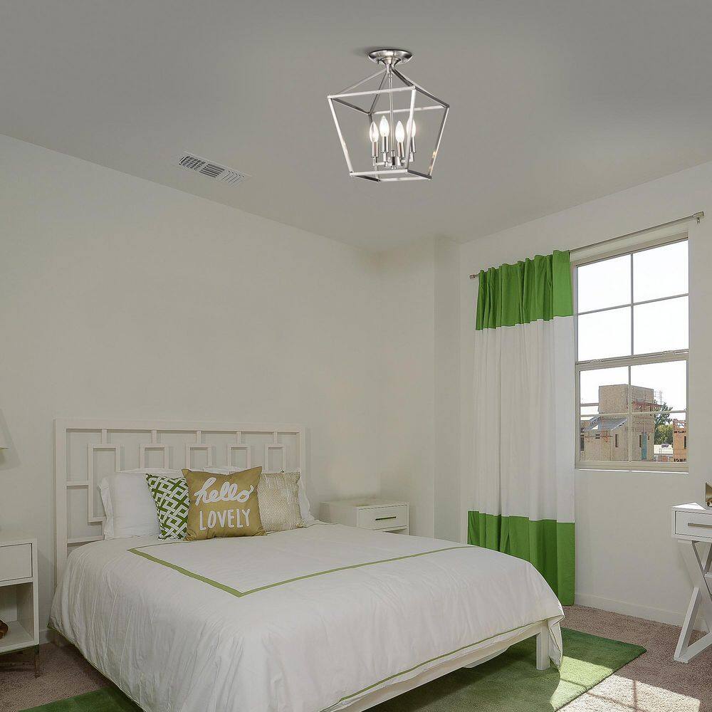 12 in. 4-Light Brushed Nickel Cage Lantern Farmhouse Semi-Flush Mount - Hercitys