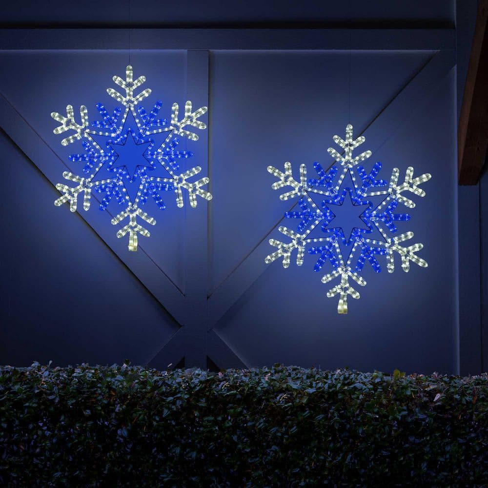 28 in. 407-Light LED Blue and Cool White Hanging Snowflake with Star Center - Hercitys