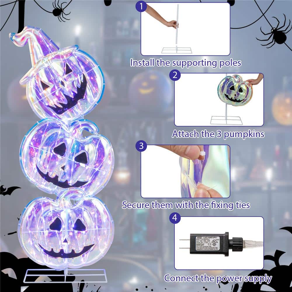 40.8 in. Prelit Plug in Halloween Stacked Pumpkins 150 LED Lighted with Base Standing Halloween Yard Sign - Hercitys