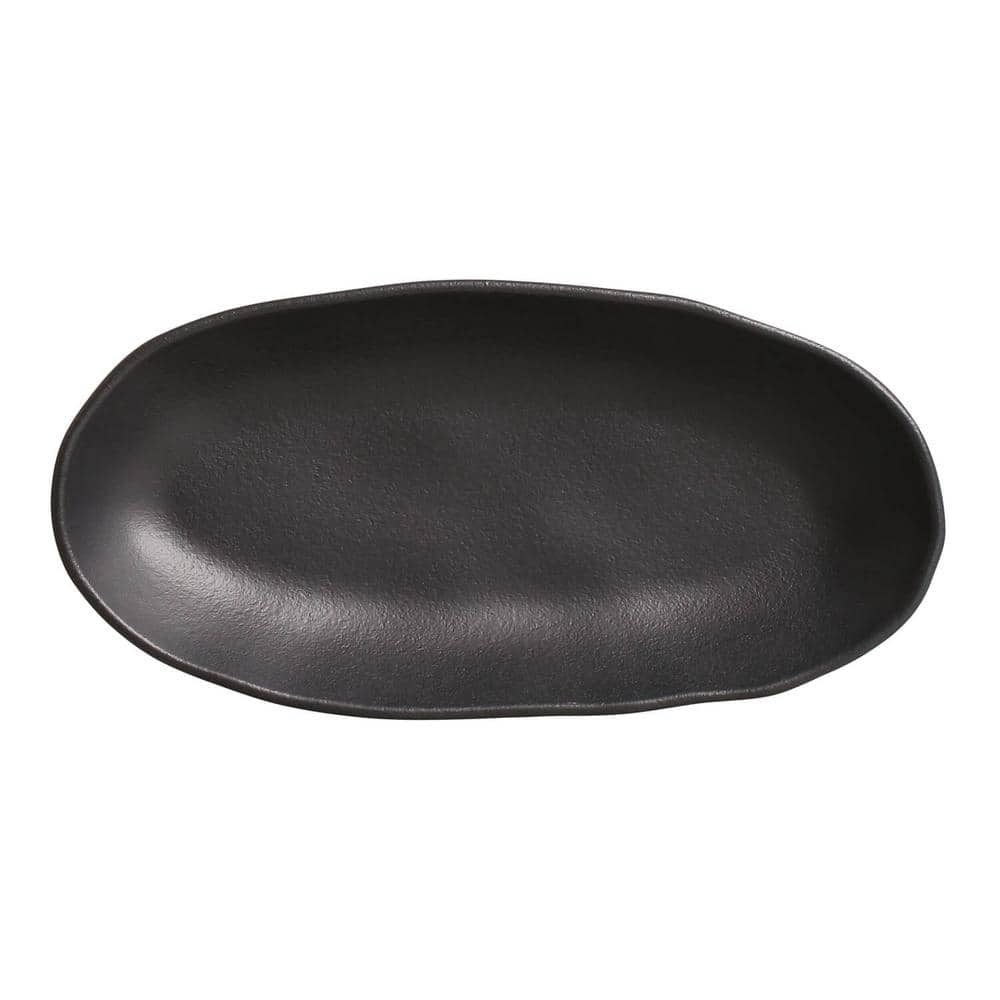 12.59 in. Matte Black Stoneware Deep Oval Platter Large Organic (Set of 4) - Hercitys