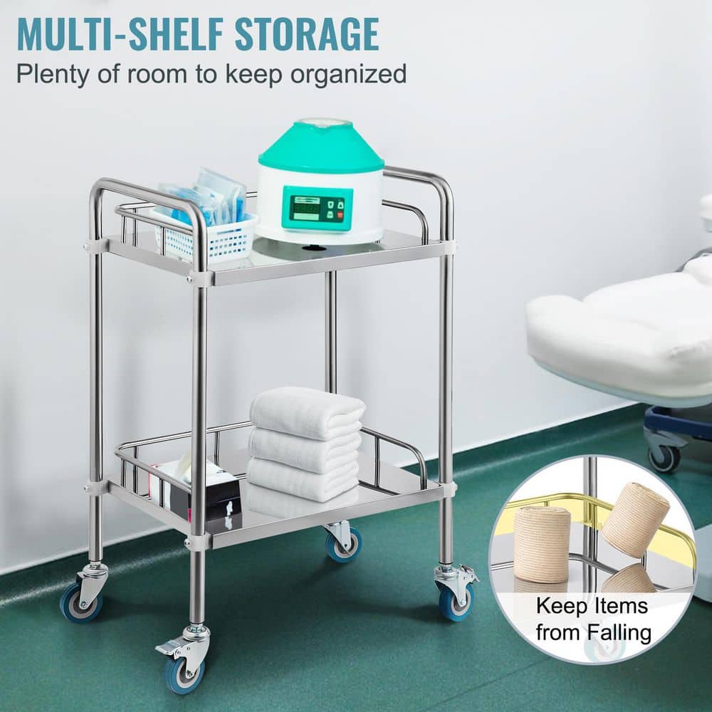 15.16 x 21.57 x 34.06 in. Lab Rolling Cart, 2-Shelf Stainless Steel Rolling Cart, Lab Serving Kitchen Cart - Hercitys
