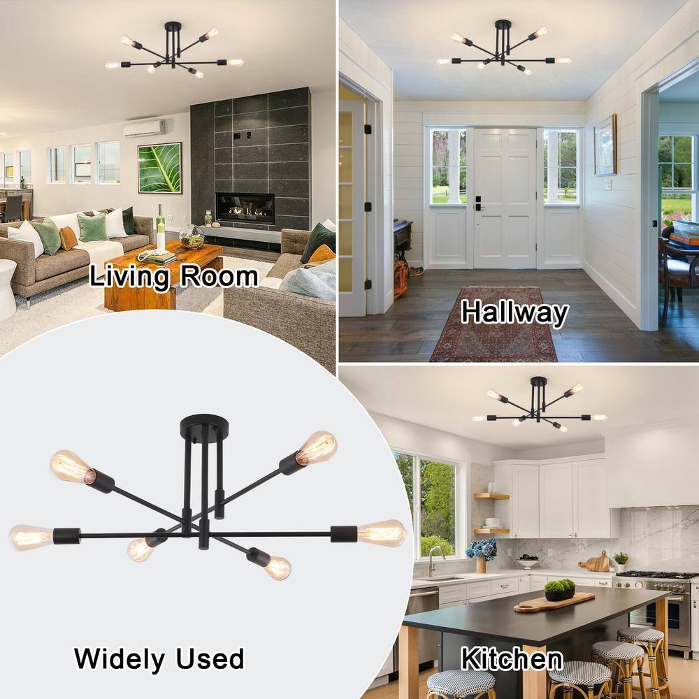 27.56 in. 6-Light Black Sputnik Semi- Flush Mount Ceiling Lights with 360°Rotatable Light Arm - Hercitys