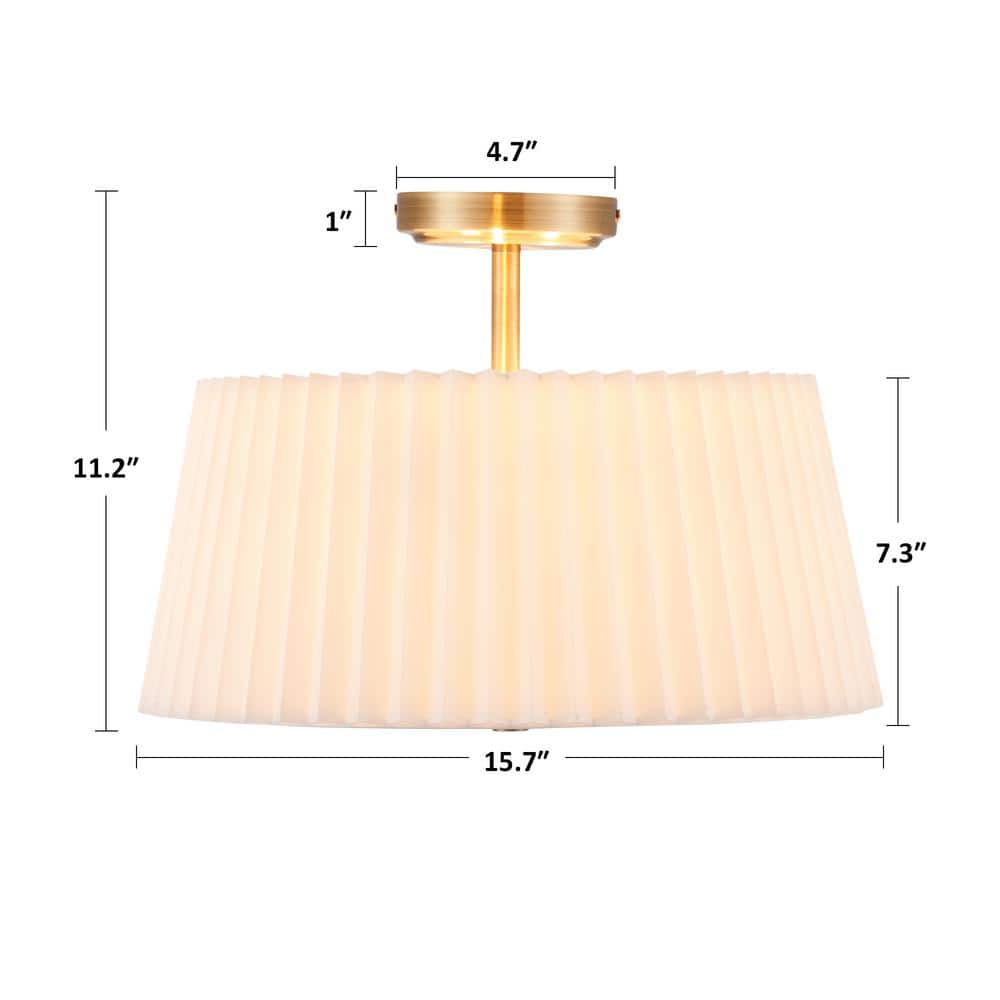 16 in. 3-Light Gold Modern Semi Flush Mount with Pleated Drum Lamp Shade - Hercitys