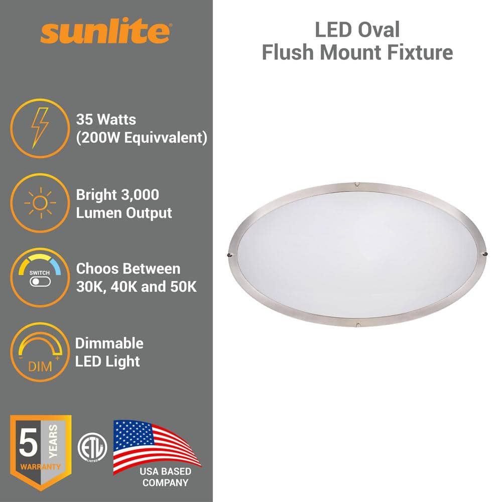32 in. Brushed Nickel Flush Mount Oval Fixture with White Shade Integrated LED Selectable CCT Dimmable - Hercitys
