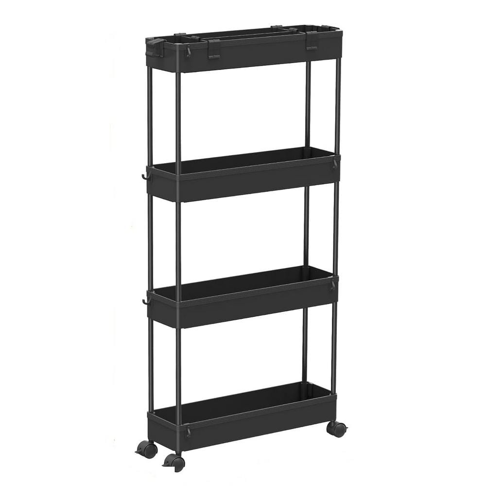 4-Tiers Kitchen Cart Slim Storage with 360° Rotating Wheels in Black - Hercitys