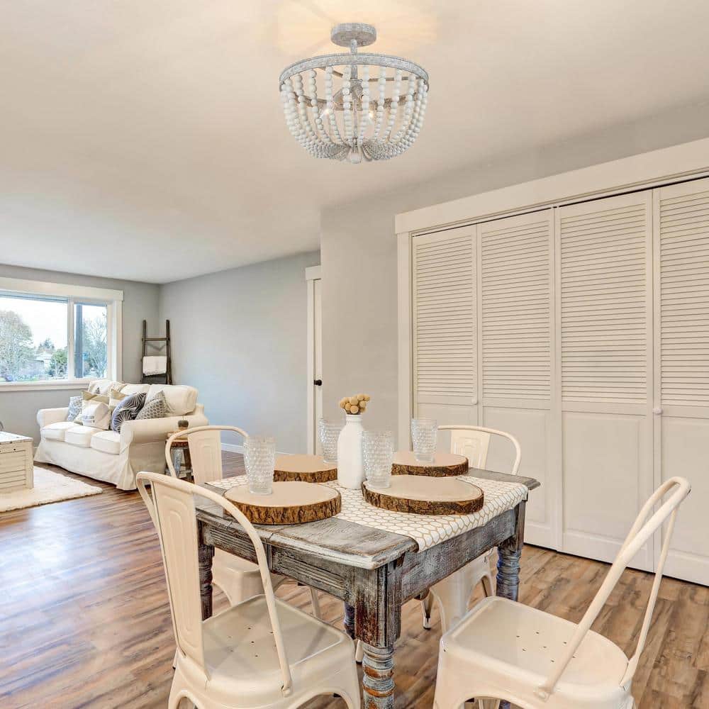 16 in. Modern Farmhouse Antique White Wood Beaded Semi-Flush Mount, 3-Light Bohemian Round Basket Ceiling Lighting - Hercitys