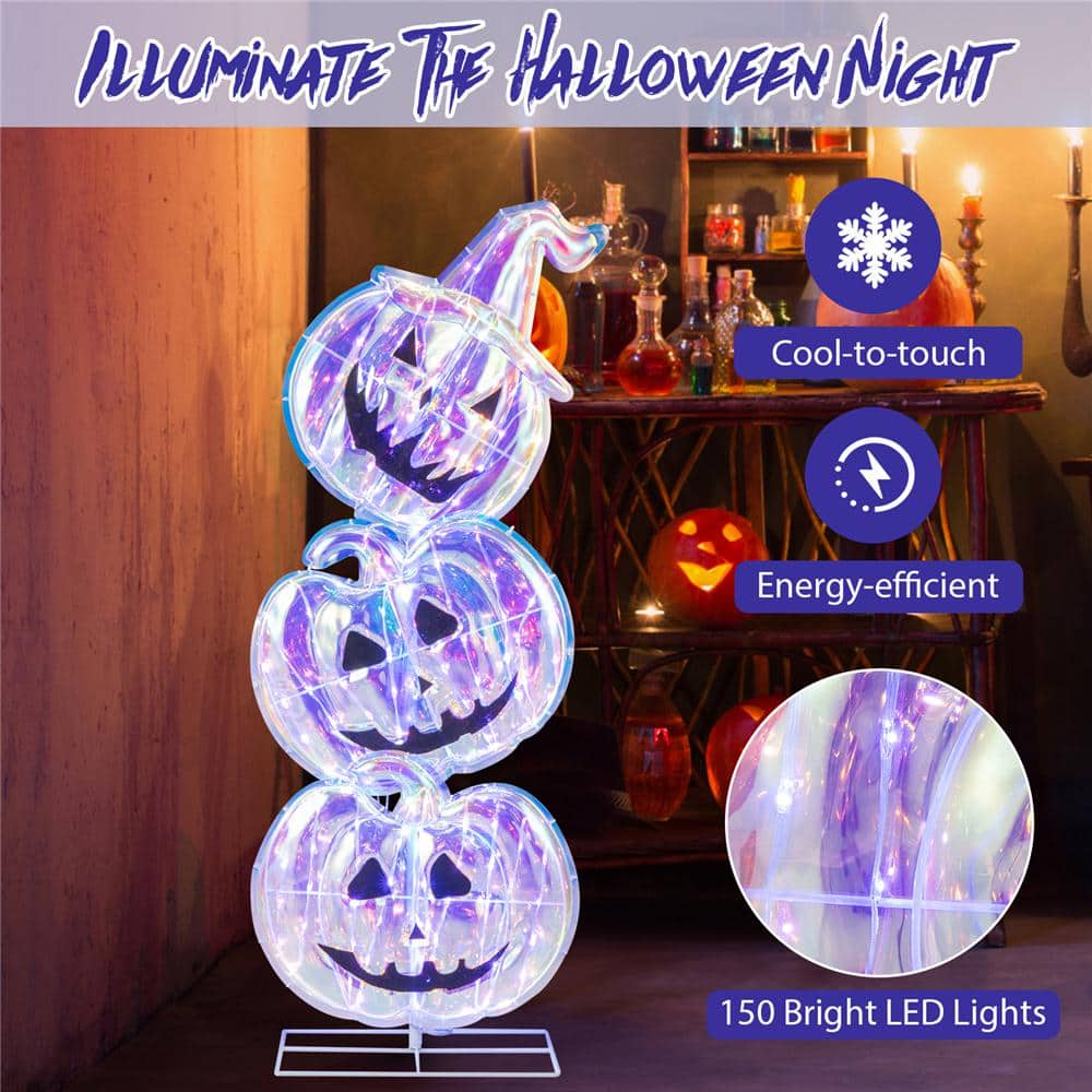 40.8 in. Prelit Plug in Halloween Stacked Pumpkins 150 LED Lighted with Base Standing Halloween Yard Sign - Hercitys