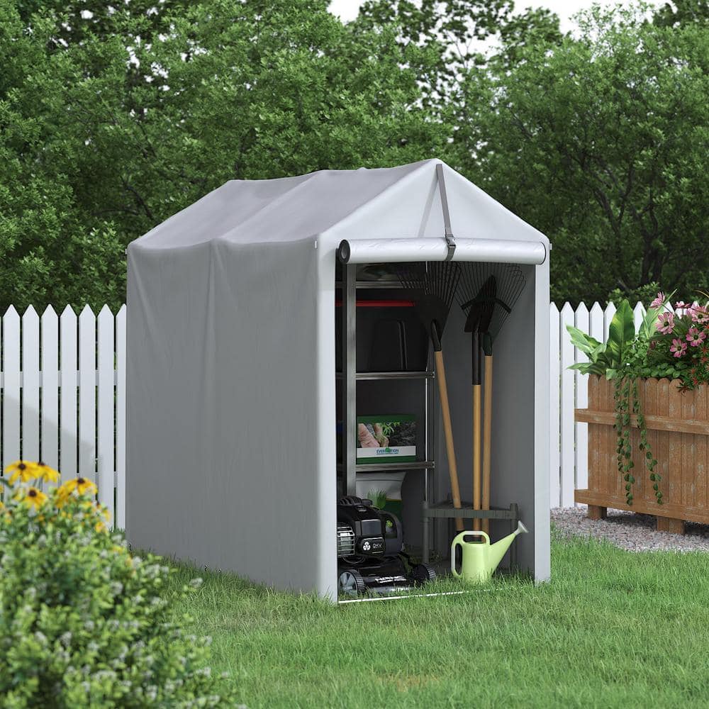 3 ft. W x 6 ft. D x 5 ft. H Peak-Style Silver Portable Garage Shelter for Bike and Patio Storage w/ Roll-up Zipper Door - Hercitys