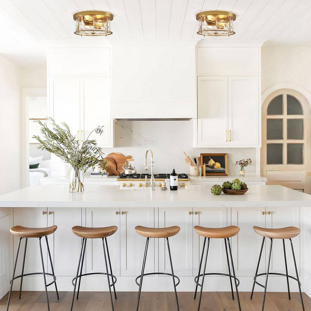 12.5 in. 2-Light Gold Flush Mount Water Ripple Glass Ceiling Light with Metal Frame - Hercitys