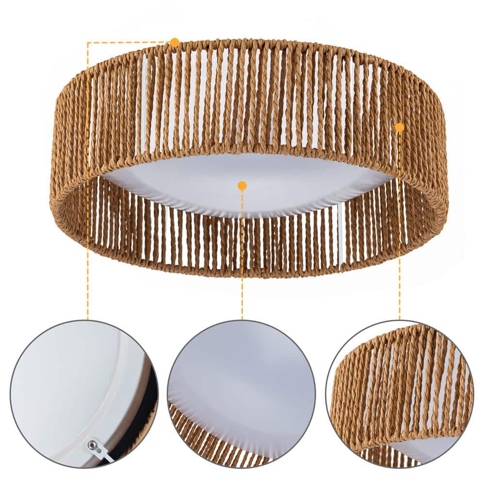 14.25 in. White Dimmable 24-Watt Selectable LED Flush Mount 3000K/4000K/5000K with Paper Rope - Hercitys