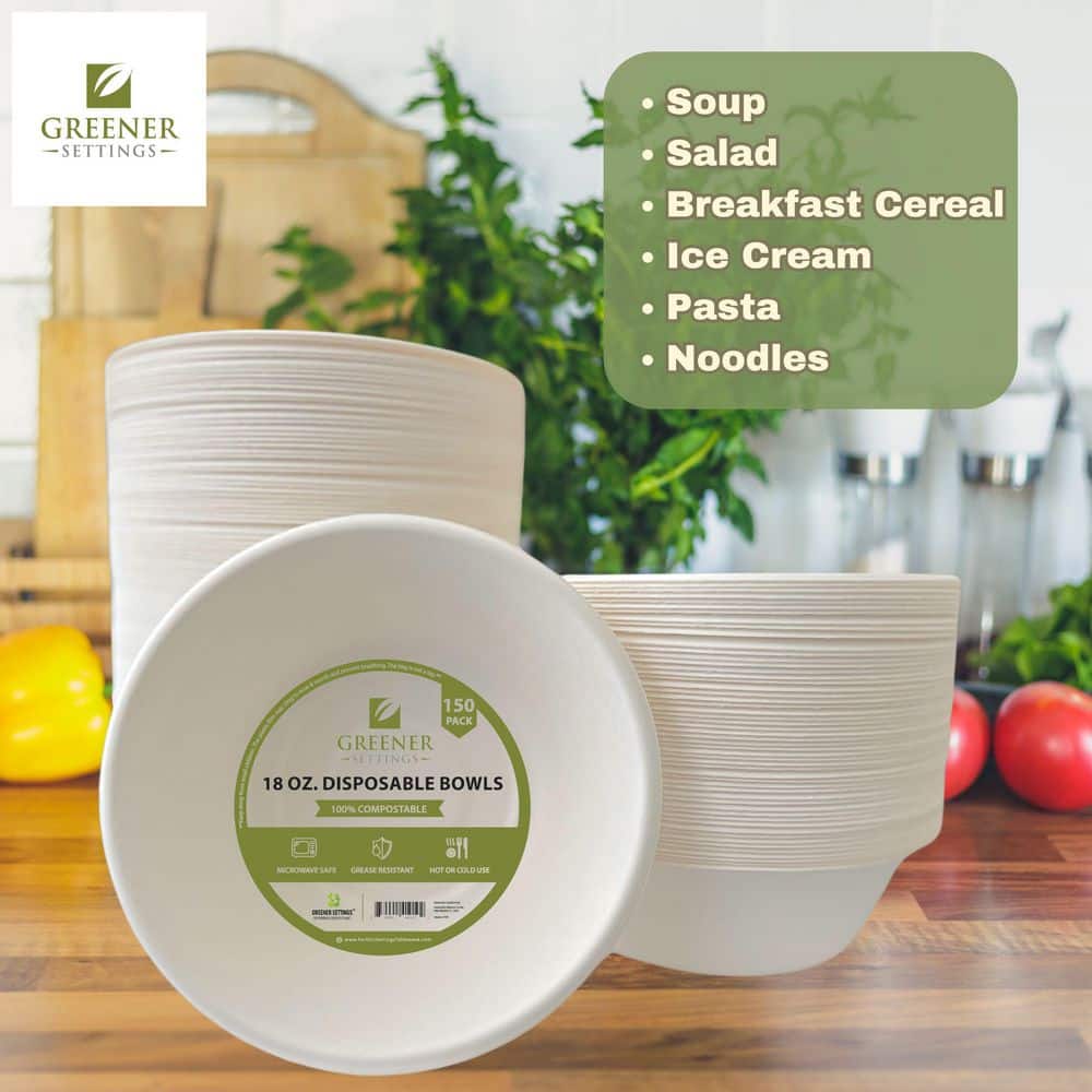 100% Compostable 18 oz. Unbleached Disposable Paper Bowls 150-Pack - Hercitys