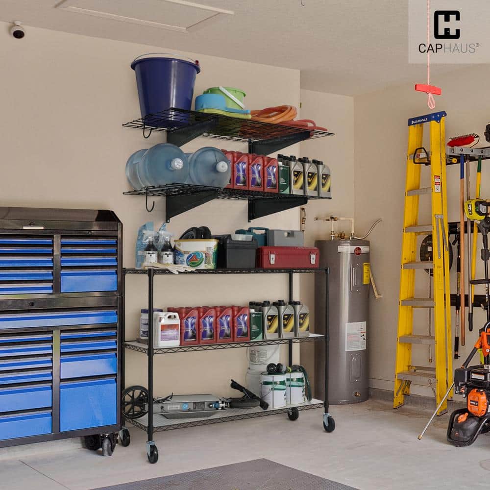 36 in. W x 18 in. D Black Metal Garage Wall Shelf, Wall Mounted Garage Shelves with 2 Bike Hooks, (Pack of 2) - Hercitys