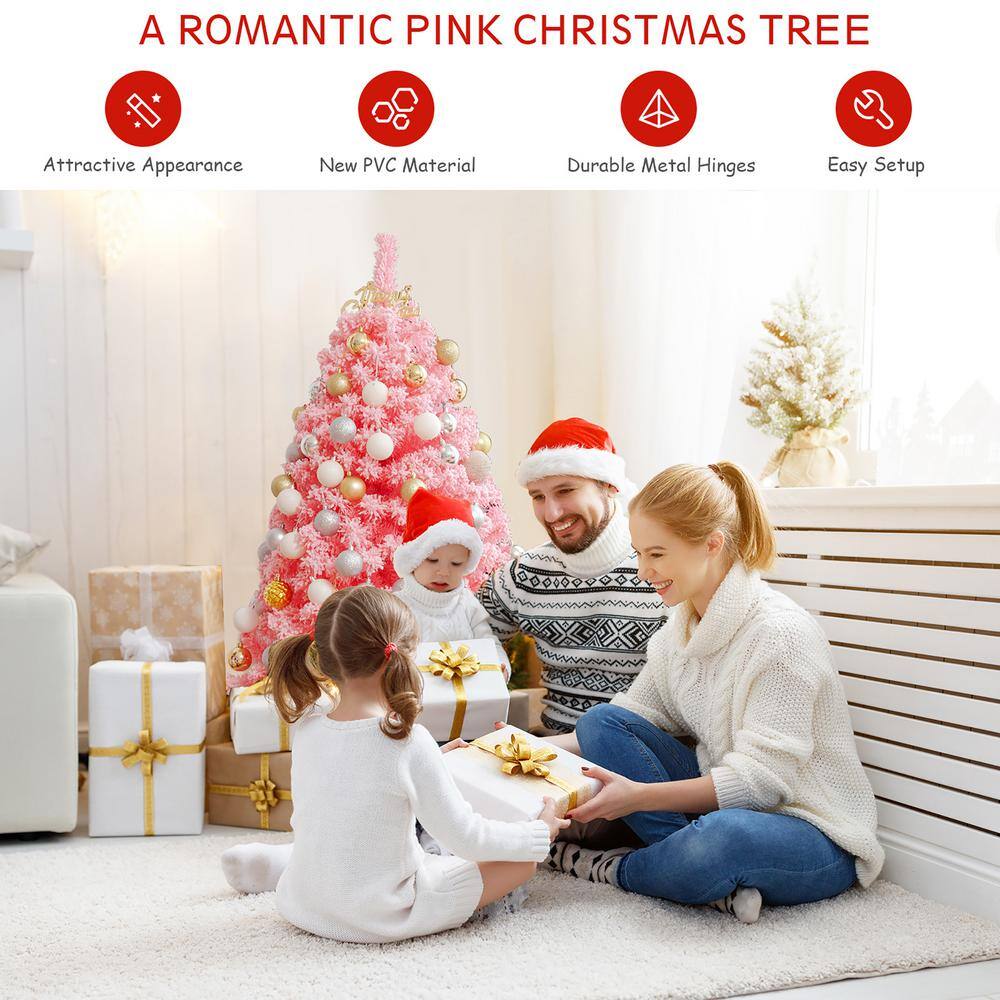 4.5 ft. Snow Flocked Hinged Artificial Christmas Tree with Metal Stand Pink - Hercitys
