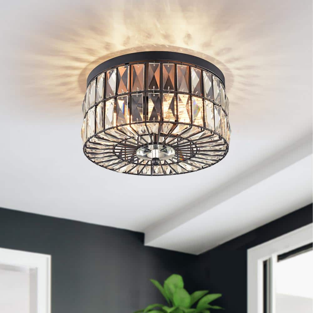 11.75 in. 2-Light Black Ceiling Flush Mount Light with Crystal Glass - Hercitys