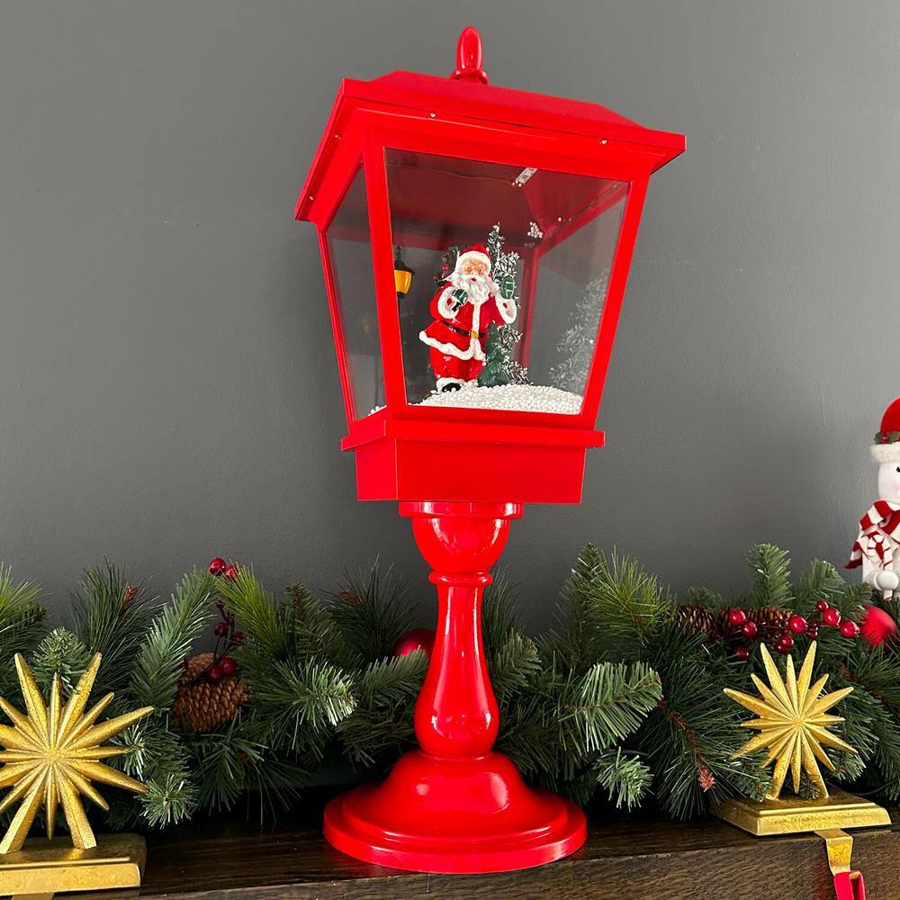 25 in. Musical Tabletop Lantern in Red Featuring Santa Scene and Snow Function - Hercitys