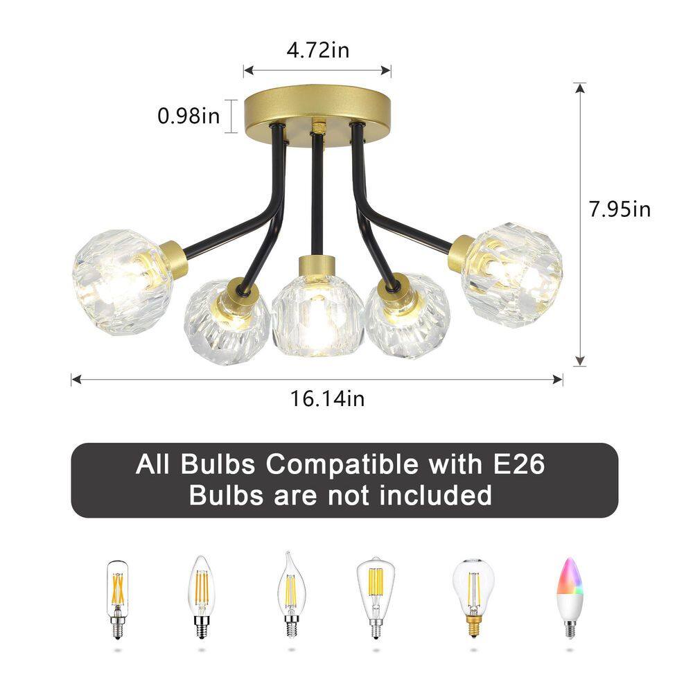 16.14 in. 5-Light Black Gold Transitional Semi-Flush Mount with No Bulbs Included - Hercitys
