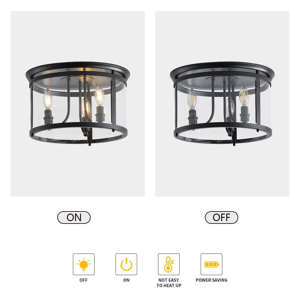 14.37 in. 3-Light Industrial Black Flush Mount Modern Ceiling Lighting Fixture with Clear Glass Shade - Hercitys