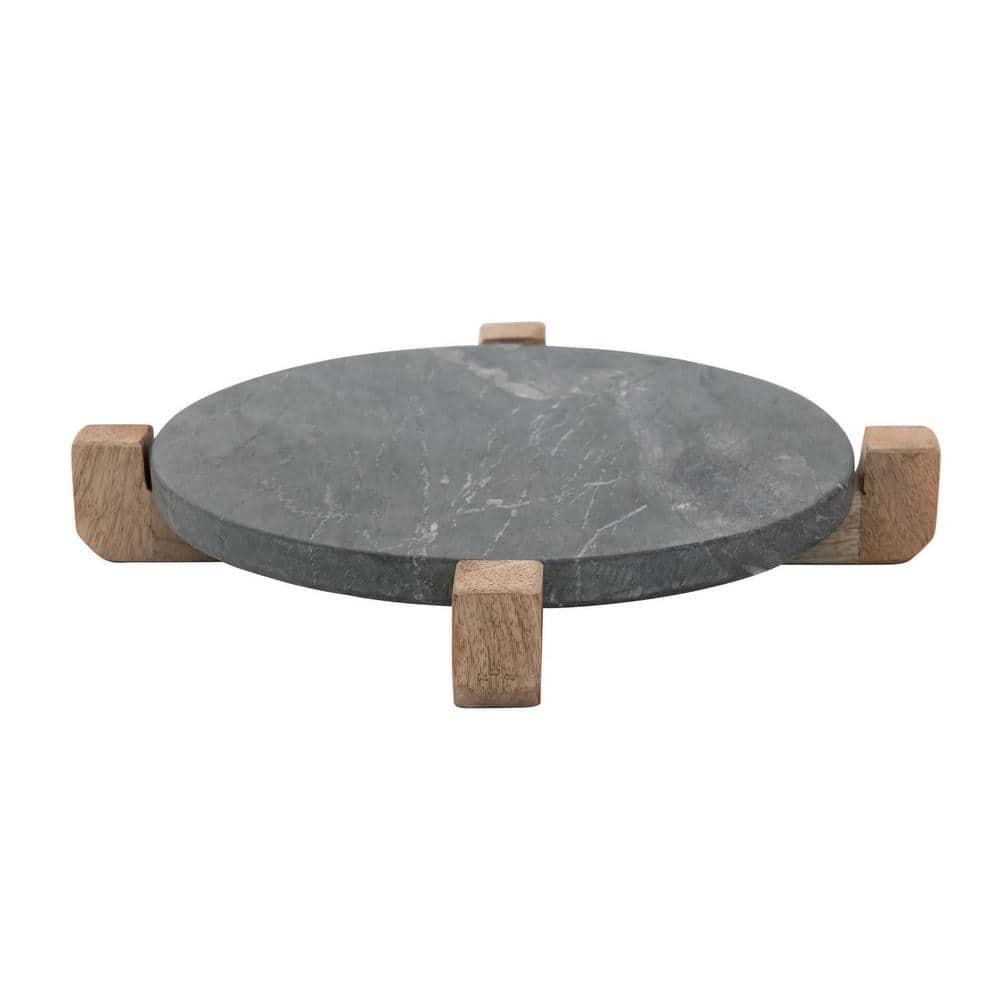 13 in. Gray Marble Platter with Mango Wood Stand - Hercitys