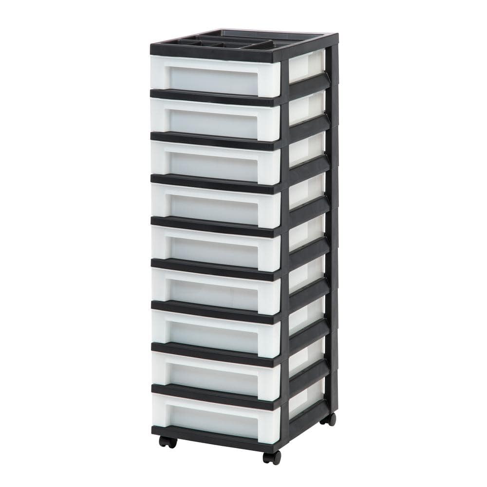 14.25 in. L x 12.05 in. W x 37.75 in. H 9-Drawer Storage Cart with Organizer Top in Black and Pearl - Hercitys