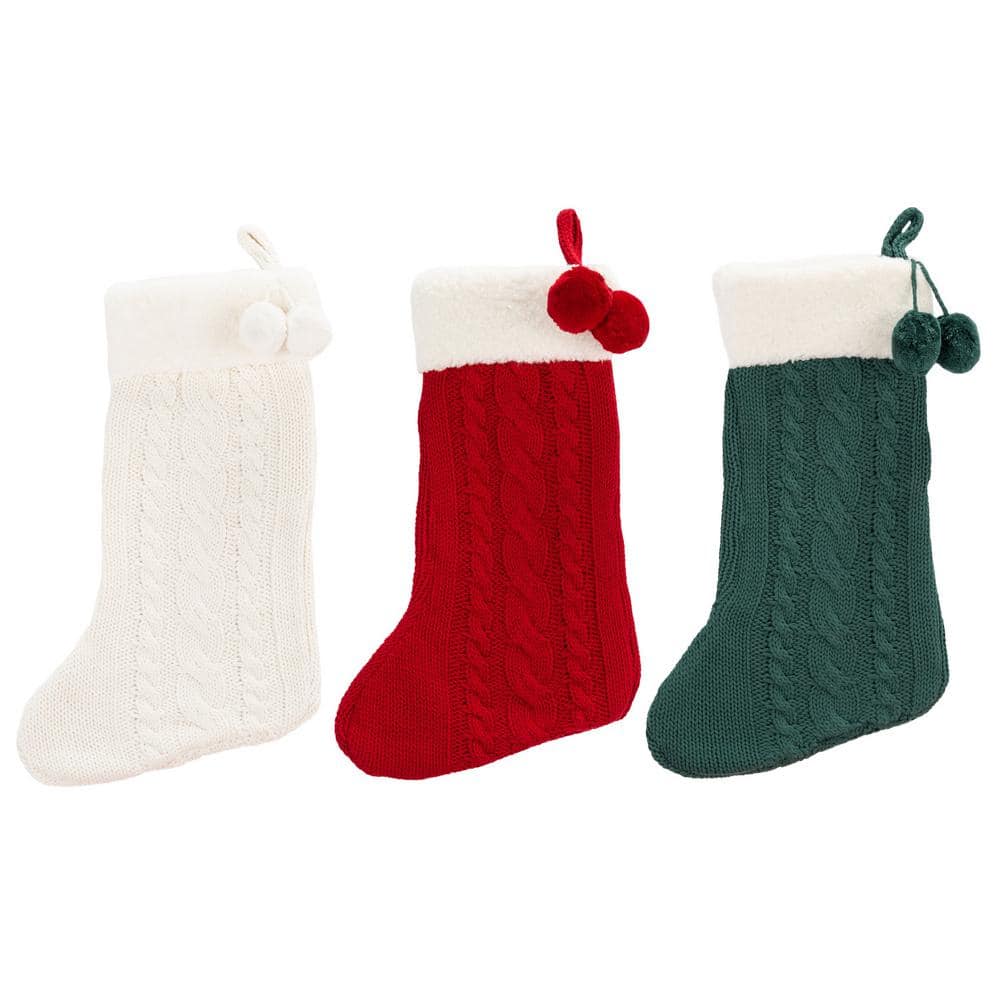 20 in. White/Red/Green Knitted Cotton Cinnamon Christmas Stocking with Pom Pom Tassels (Set of 3) - Hercitys