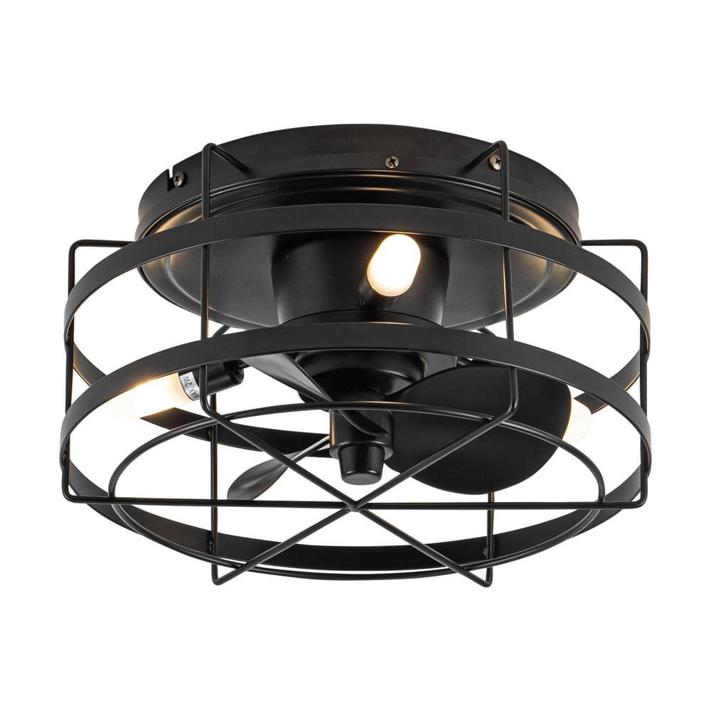 12.5 in. Indoor Black Flush Mount Cage Ceiling Fan with Reversible Motor and Remote, Light Bulbs Included - Hercitys