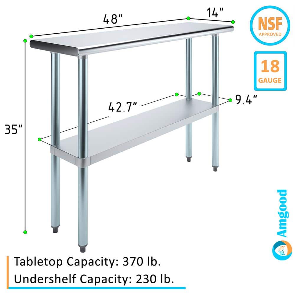 14 in. x 48 in. Stainless Steel Kitchen Utility Table with Adjustable Bottom Shelf - Hercitys