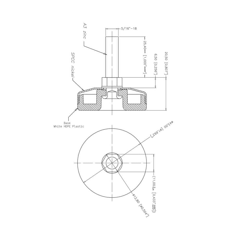 (100-Pack) Titan Nickel-White Hex Base 5/16-18 Thread x 1 in. L Stem Furniture Replacement Leveler with Insert Pro Pack - Hercitys