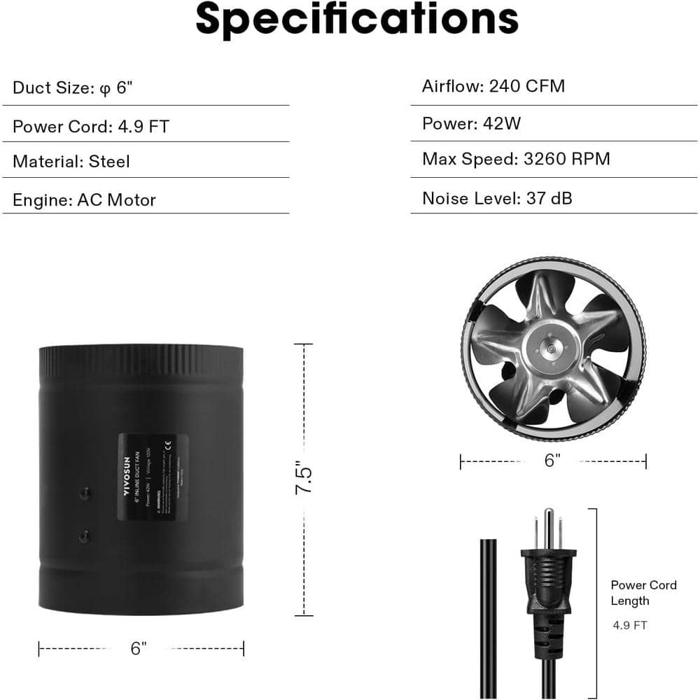 240 CFM 6 in. Inline Booster Duct Fan with Low Noise in Black - Hercitys