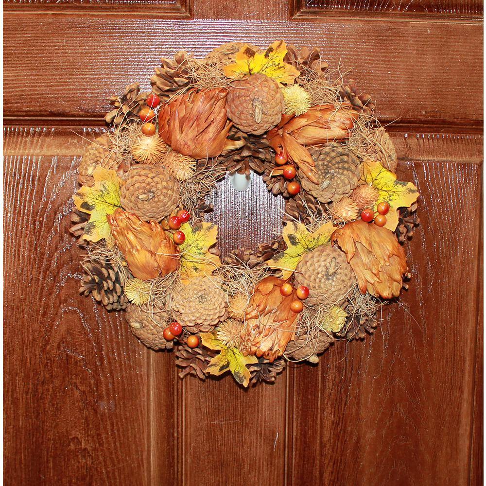 13 in. Fall Leaves Artichokes Pine Cones and Berries Wreath - Hercitys